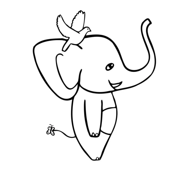 Geïsoleerde vector illustratie zwart-wit ontwerp van een leuke cartoon olifant uit zijaanzicht — Stockvector