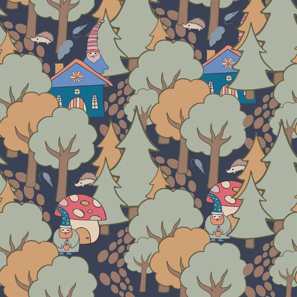 Nahtlose bunte Vektorillustration Muster eines Gnoms mit einem Haus in einem Wald in Pastelltönen — Stockvektor