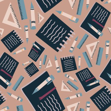 Çalışma malzemelerinin renksiz tasarımı. Not defterleri ve kalemler.