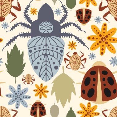 Dekoratif renkli çizgi film böcekleri ve çiçekleriyle kusursuz vektör deseni