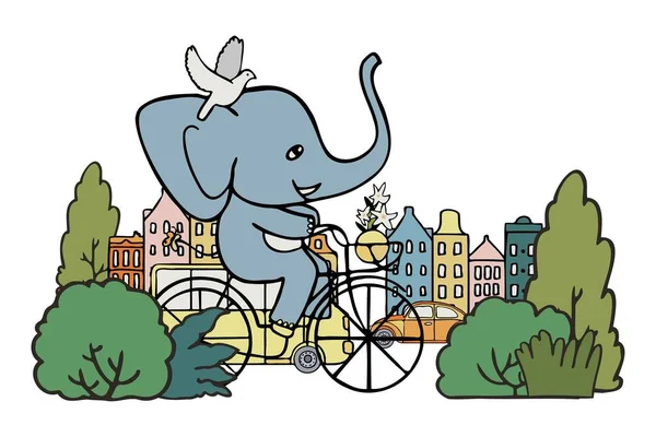 Ilustración vectorial aislada diseño colorido de un lindo elefante ciclista en bicicleta en una ciudad — Vector de stock