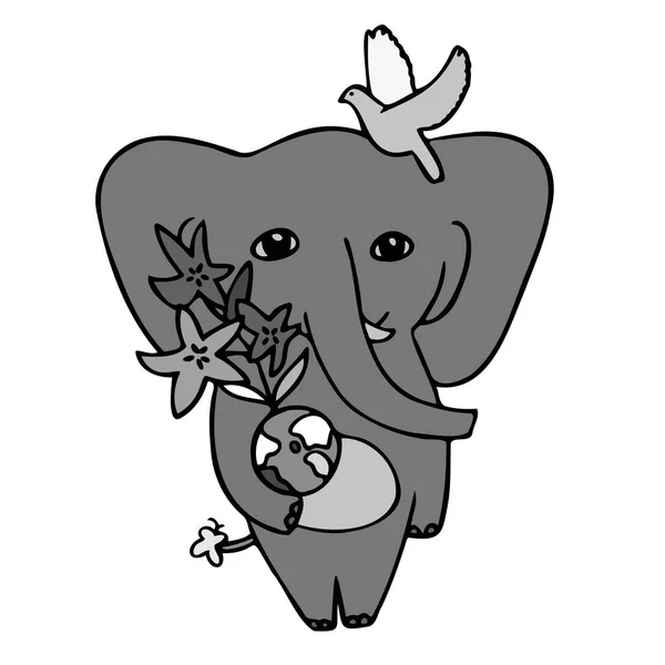 Ilustración vectorial aislada diseño en blanco y negro de un lindo elefante con paloma sosteniendo un globo — Vector de stock