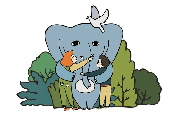 Ilustración vectorial aislada diseño colorido de un elefante lindo abrazándose con los niños en un parque — Vector de stock