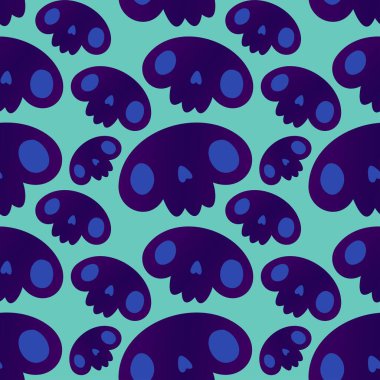 Kusursuz vektör gri kafatası deseni, dişleri mavi tonlarda.