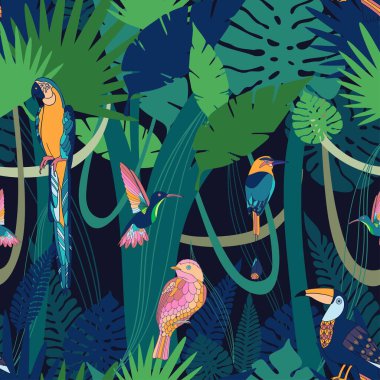 Kusursuz vektör botanik desen. Gece tropikal ormanlarının kuşlar ve papağanlarla renklendirilmiş soyut tasarımı.