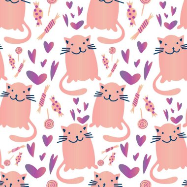 Vektör desensiz çizgi film dekoratif tasarım. Kalpli, pastel tonlarda sevimli kediler.