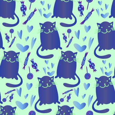 Vektör desensiz çizgi film dekoratif tasarım. Kalpli, pastel tonlarda sevimli kediler.