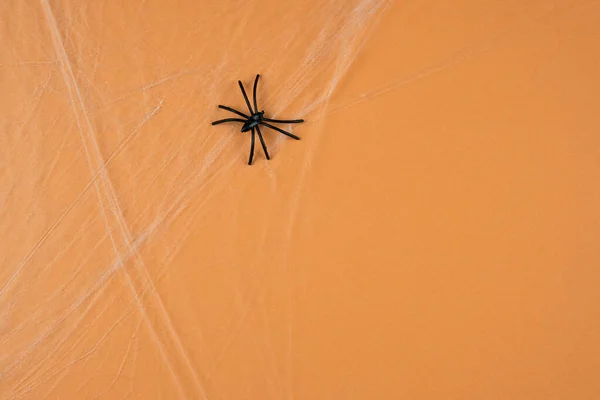 オレンジの背景にクモの巣がある。ハロウィン — ストック写真