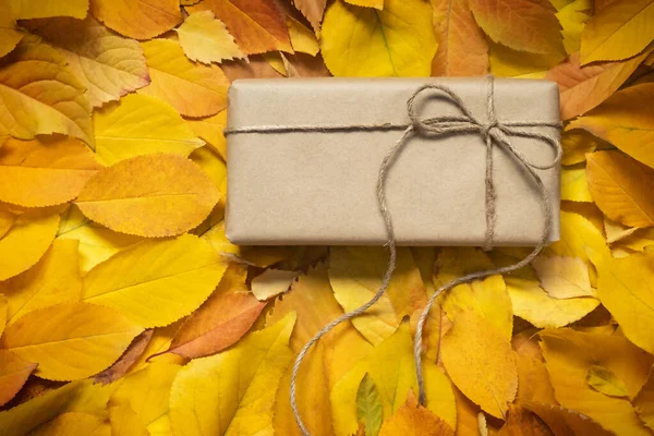 Sarı yapraklardan oluşan bir arka planda el işi kağıdı.