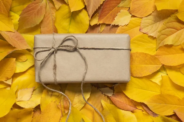 Sarı yapraklardan oluşan bir arka planda el işi kağıdına yakın plan hediye kutusu.