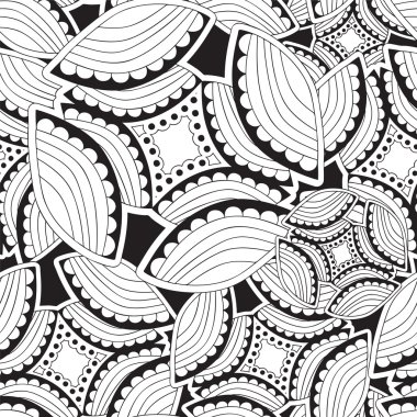 stock vector seamless doodle black and white floral pattern. ori clipart