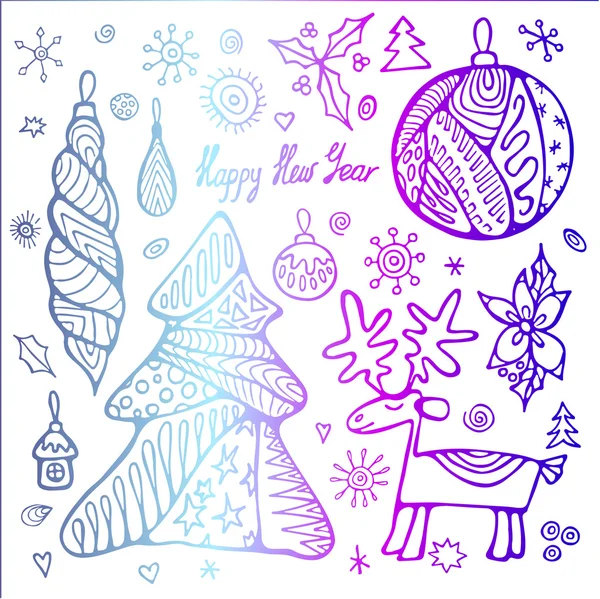 Stock vectorchristmas set with tree, boll, snowflakes. hand draw — Stock Vector