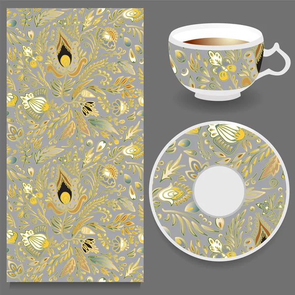 Stock vector cup of coffee and seamless floral oriental ornament — Stock Vector