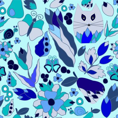 vektör çiçek, kedi ve kelebek, karikatür d ile seamless modeli