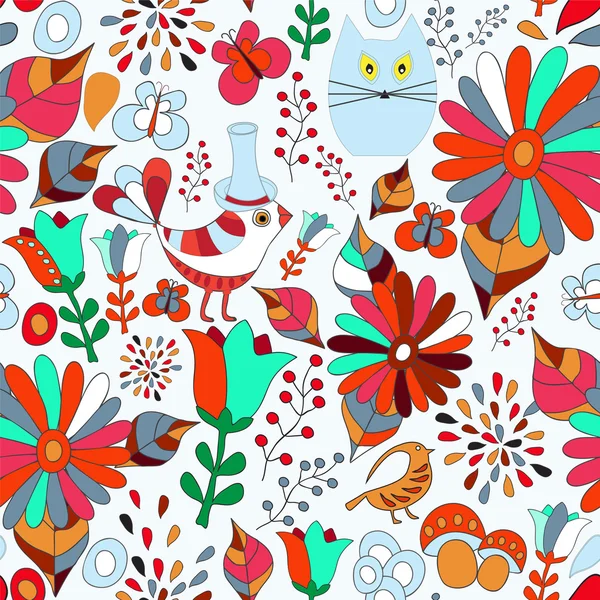 Vector seamless pattern with flower, bird and butterfly, cartoon — Stock Vector