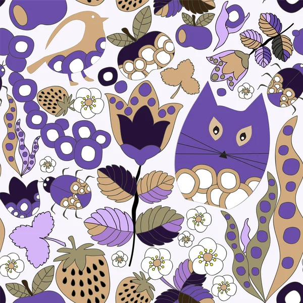 Vector seamless pattern with flower,cat and butterfly, cartoon d — Stock Vector