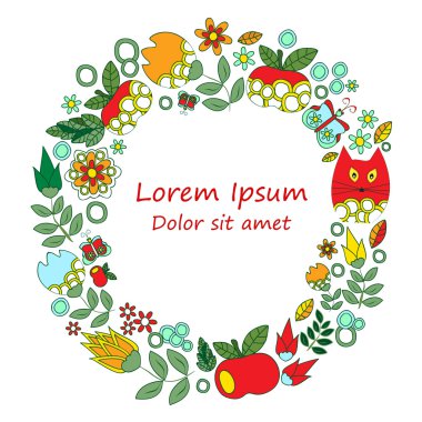 kartı. afiş, broşür şablonu kedi, elma ve çiçek.