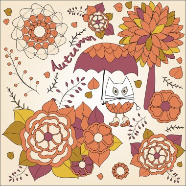 hisse senedi vektör sonbahar arka plan ile karikatür kedi, şemsiye, ağaç