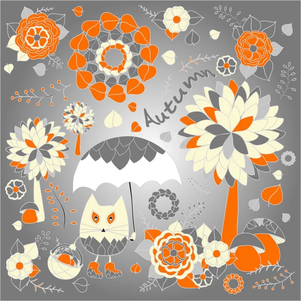 Stock vector autumn background with cartoon cat, umbrella, tree — Stock Vector