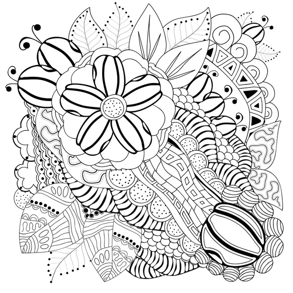 Estoque vetor floral padrão doodle preto e branco —  Vetores de Stock