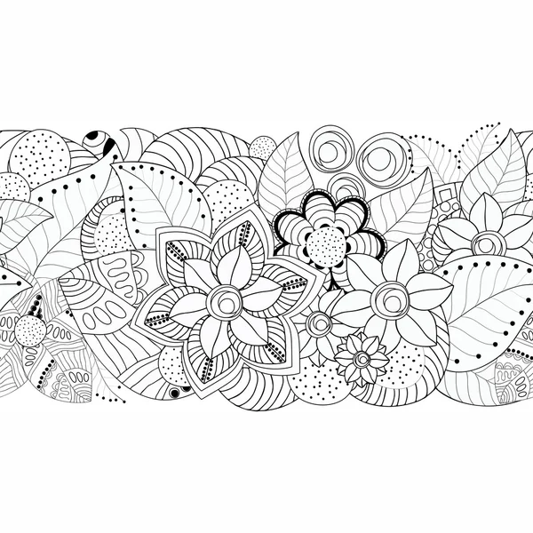 Stock vector floral black and white doodle pattern. border — Stock Vector