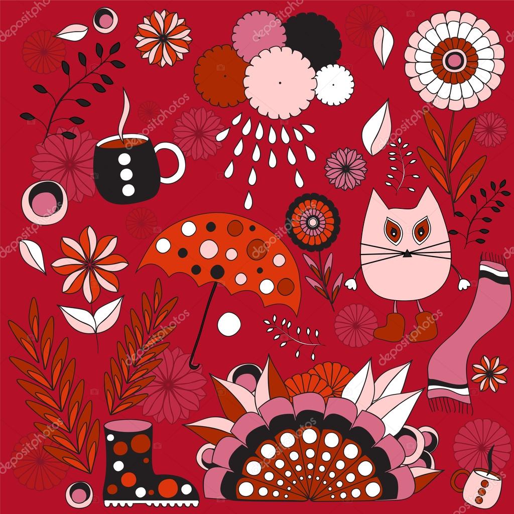 Fond Automne Vector Stock Avec Chat De Dessin Animé