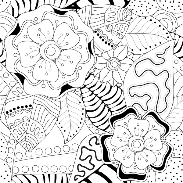 Stock vector seamless floral black and white doodle pattern. — Stock Vector