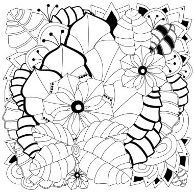 Stok vector floral siyah beyaz desen doodle.