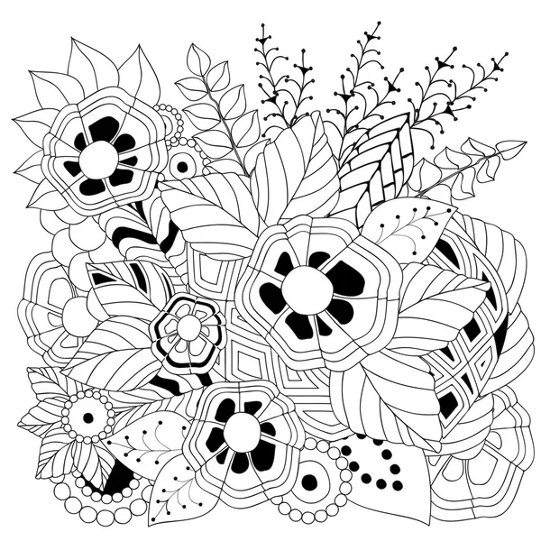 Estoque vetor floral padrão doodle preto e branco . —  Vetores de Stock
