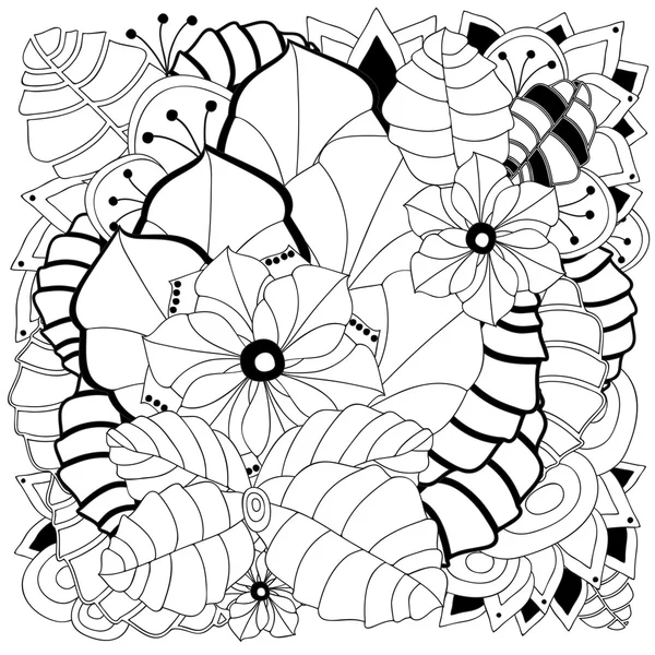 Stock vector floral black and white doodle pattern. — Stock Vector