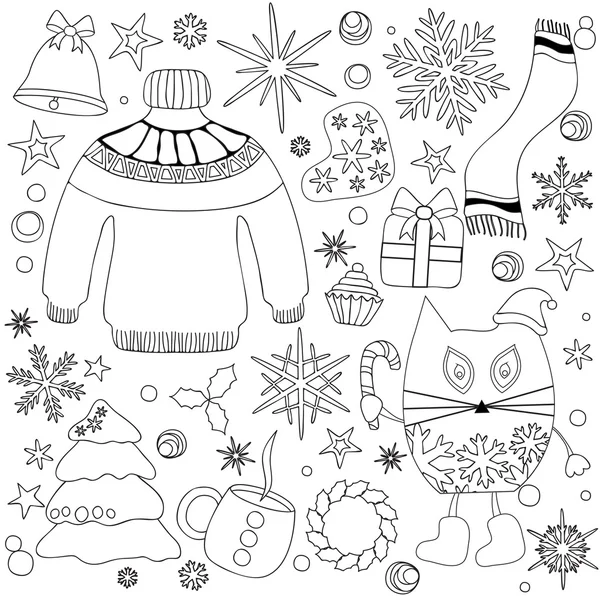 Winter season doodle set - snowflakes,tree. bell. boot. star,swe — Stock Vector