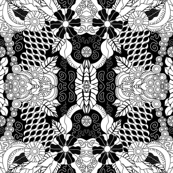 Estoque vetor sem costura doodle padrão floral. preto e branco — Vetor de Stock