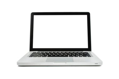 Sahne beyaz zemin üzerinde boş beyaz ekran izole edilmiş bir Laptop modern tarzı. Uzayı kopyala Öge nesnesine yaklaşmak iş görüşünün başarısıdır. Kesme yolu.