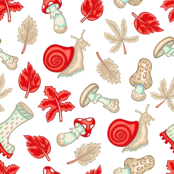 Autumn seamless pattern with mushrooms, snails and leaves — Stock Vector