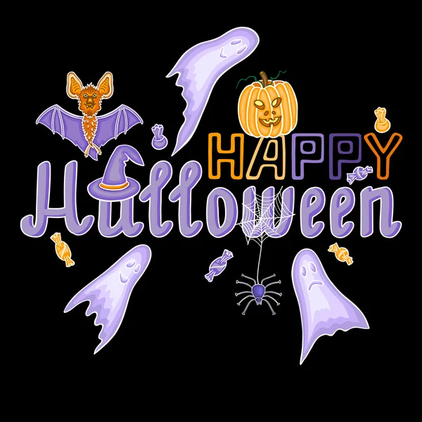 Felice Halloween Poster Card con Jack O zucca lanterna, Pipistrello, Fantasmi, Cappello Strega, Ragno e caramelle — Vettoriale Stock