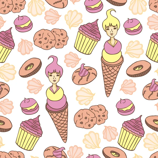 Zoete vector patroon met schattige kleine meisjes en cookies — Stockvector