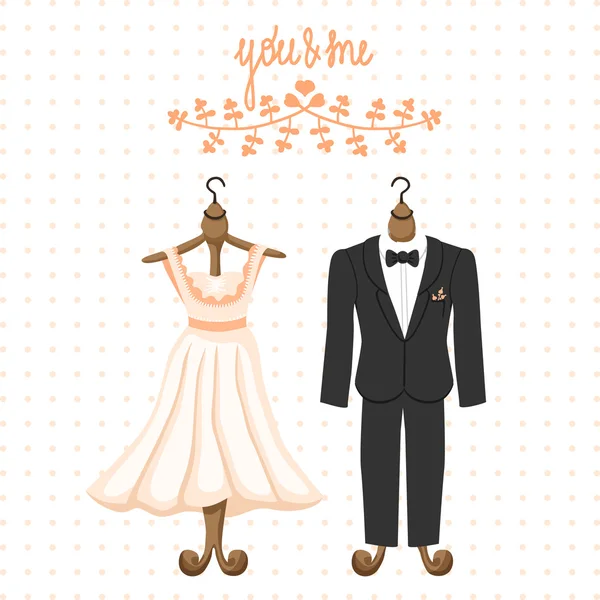 Carte de mariage avec robe et costume — Image vectorielle