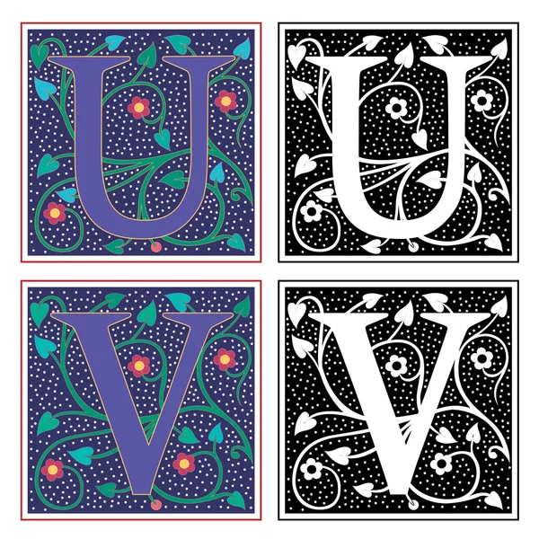 English alphabets with flowers and plant leaves, Letter U and V — Stock Vector