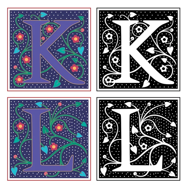 English alphabets with flowers and plant leaves, Letter K and L — Stock Vector