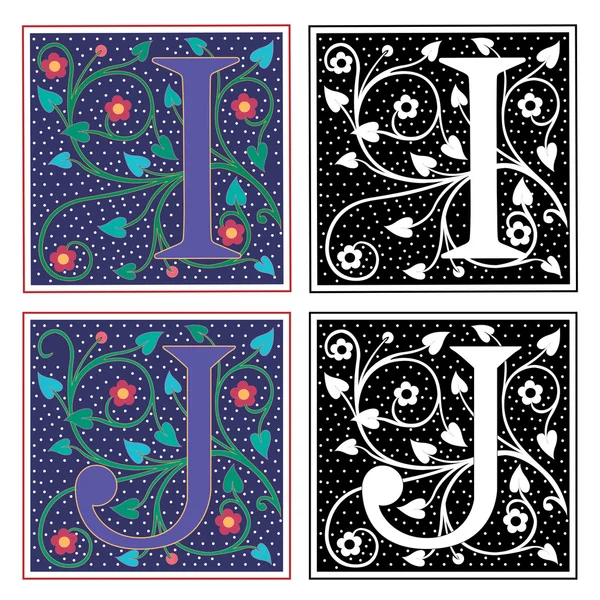 English alphabets with flowers and plant leaves, Letter I and J — Stock Vector