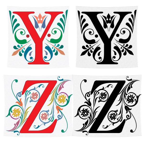 Beautiful decoration English alphabets, letter Y and Z — Stock Vector