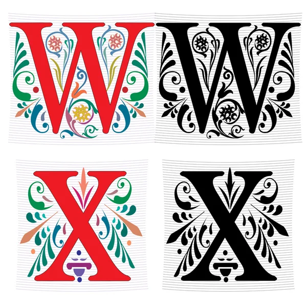 Hermosa decoración alfabetos ingleses, letra W y X — Vector de stock