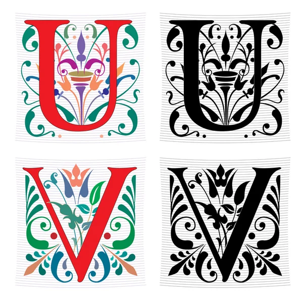 Beautiful decoration English alphabets, letter U and V — Stock Vector