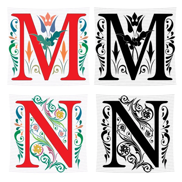 Beautiful decoration English alphabets, letter M and N — Stock Vector