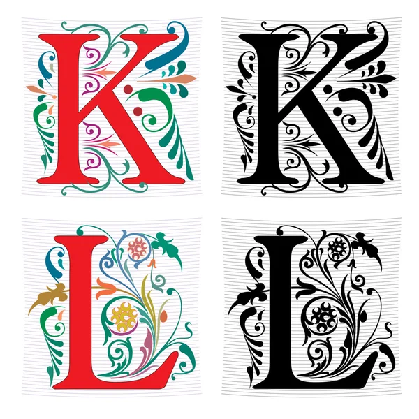 Beautiful decoration English alphabets, letter K and L — Stock Vector