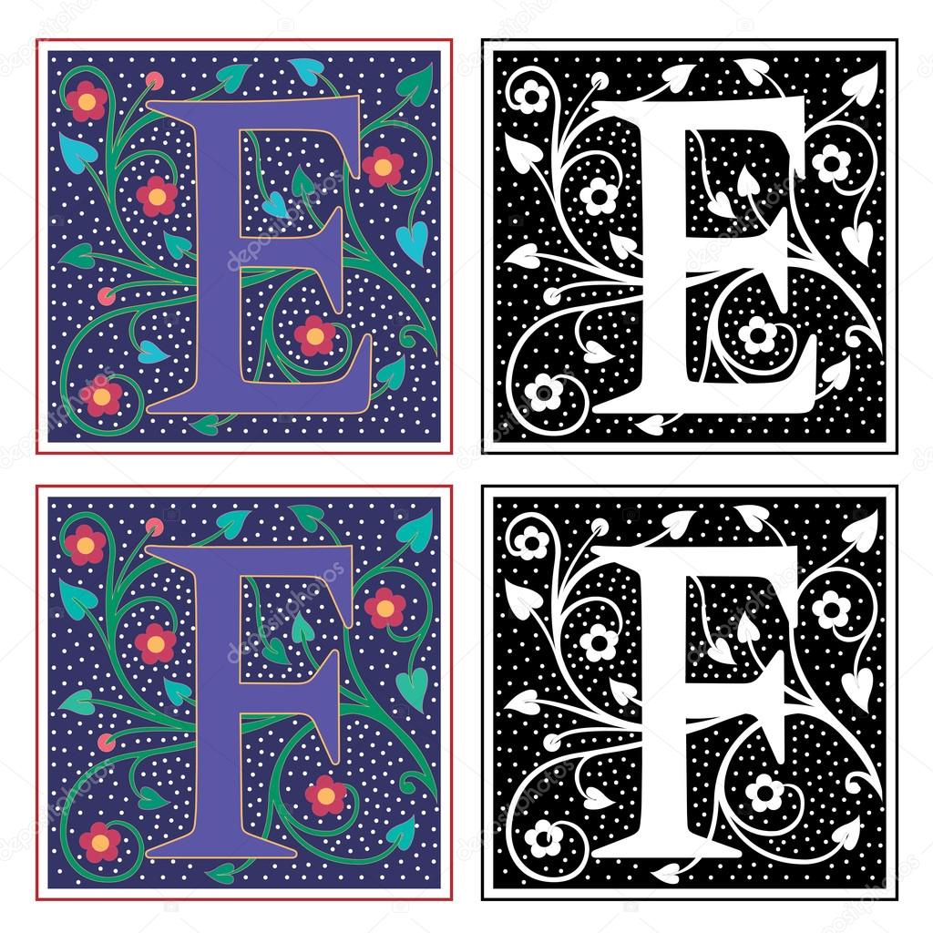 English alphabets with flowers and plant leaves, Letter E and F