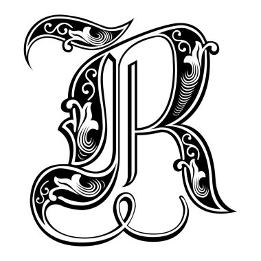 Beautiful decoration English alphabets, Gothic style, letter R clipart