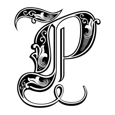 Beautiful decoration English alphabets, Gothic style, letter P clipart