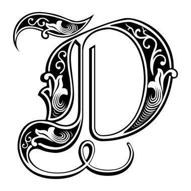 Beautiful decoration English alphabets, Gothic style, letter D clipart
