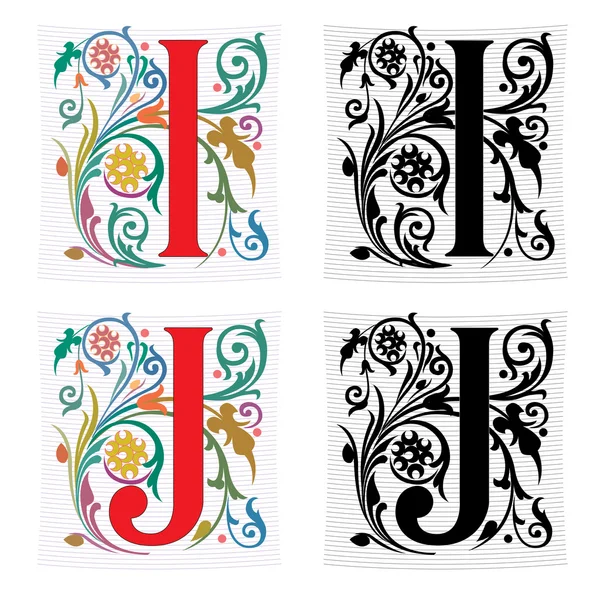 Bela decoração alfabetos ingleses, letra I e J —  Vetores de Stock